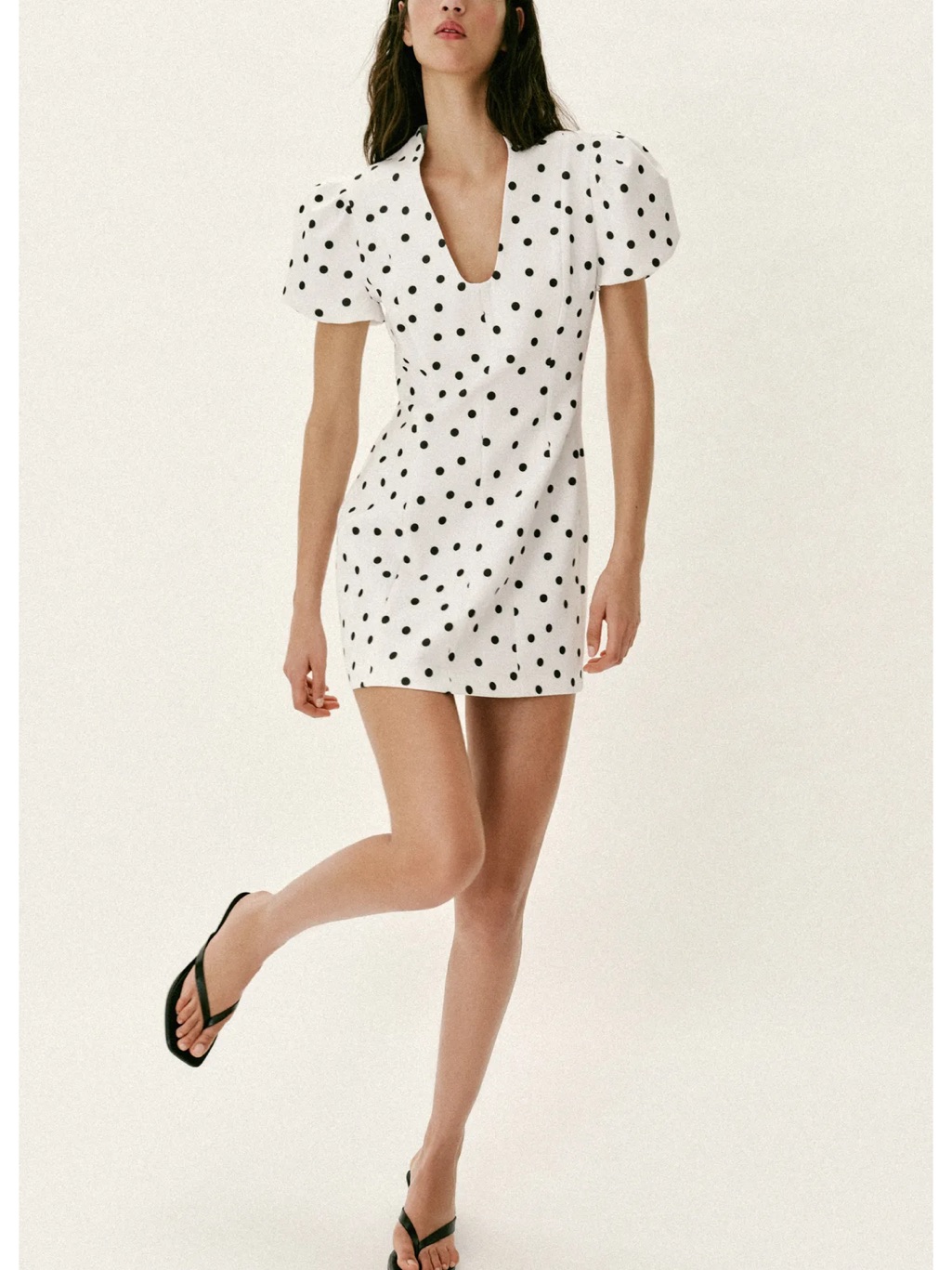 Zara White Mini Dress With Black Polka Dots And Puff Sleeves